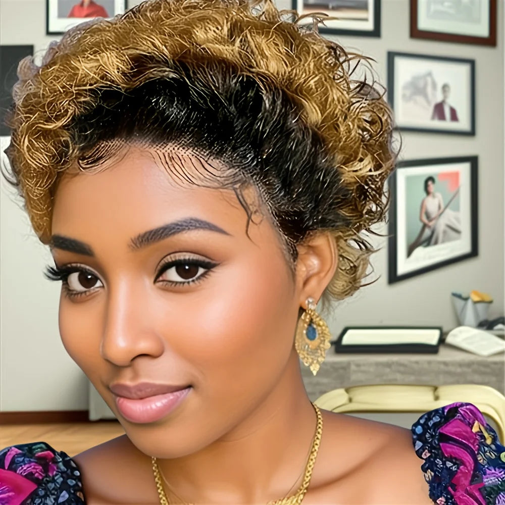 natural look 150% density 6inch 1B27 color 13X1 lace pixie cut human hair wig short curly human hair wig