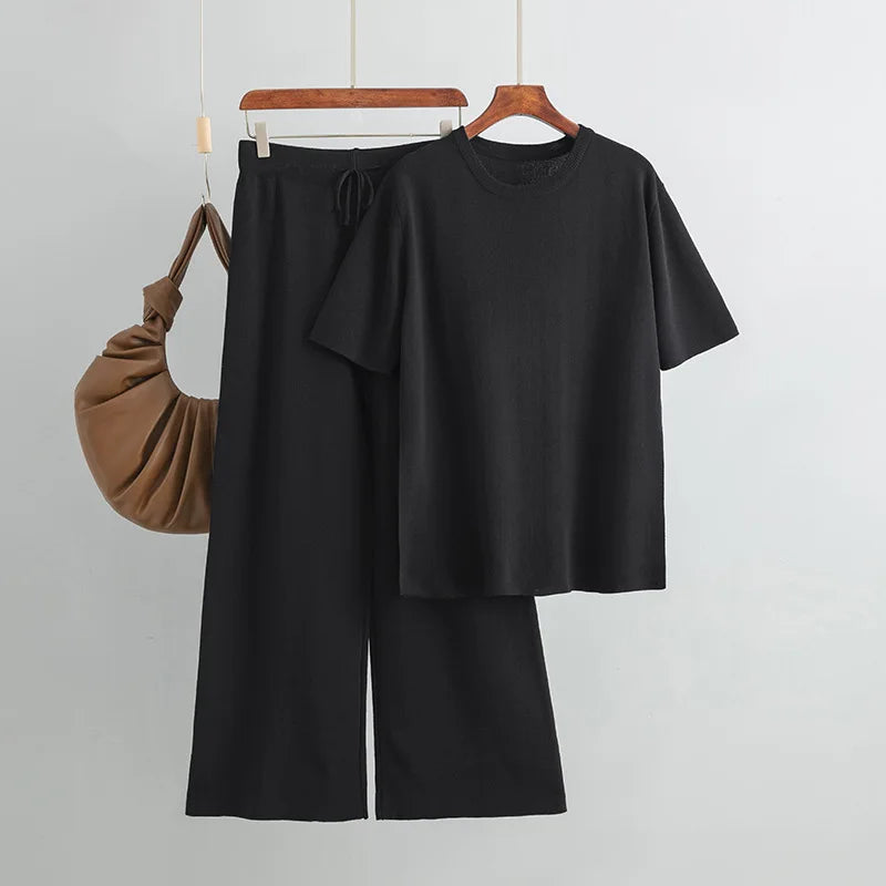Pants Suit Women V-neck Loose Split Knit Tops Fashion Two-piece High Waist Straight Casual Pants Two Piece Sets Womens Outifits