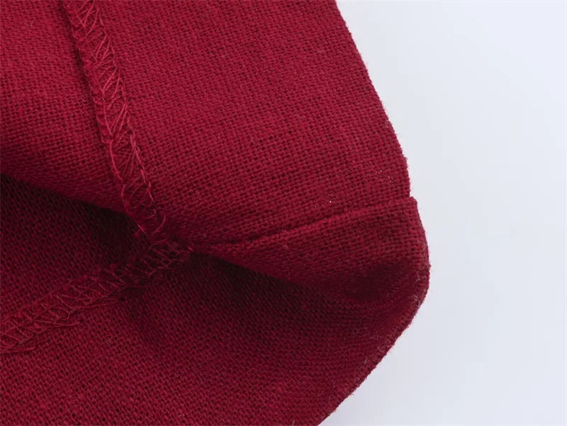 Women's New Dress Summer Red Linen Blend Pleated Midi Dress Irregular Collar Design Sexy Fashion Sense of Luxury