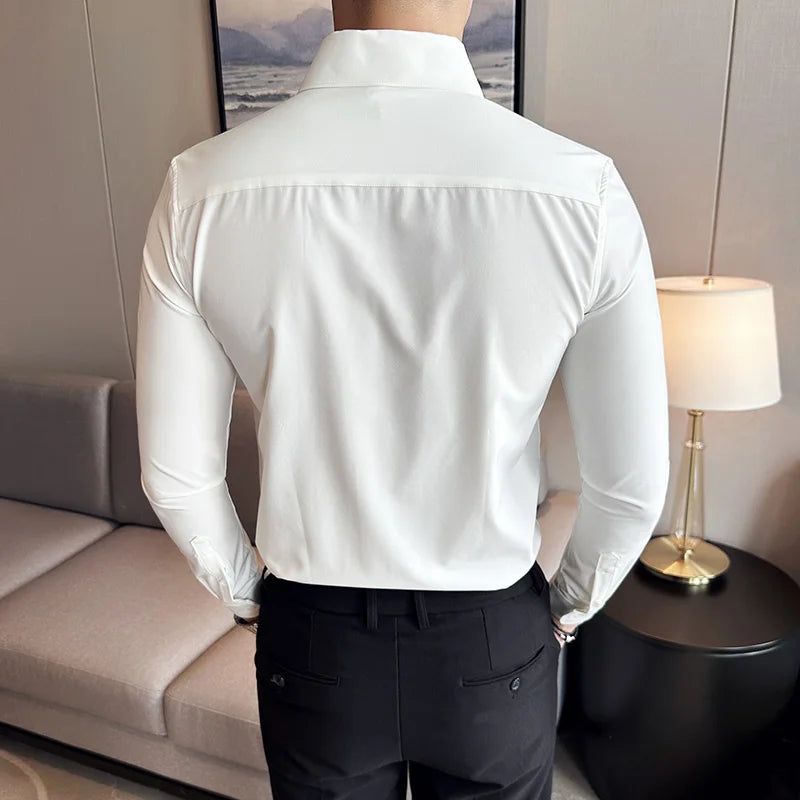 Men Dress Shirt Autumn British Style Solid Casual Slim Fit Formal Camisas V-neck Long Sleeves Shirt Streetwear Men Clothing