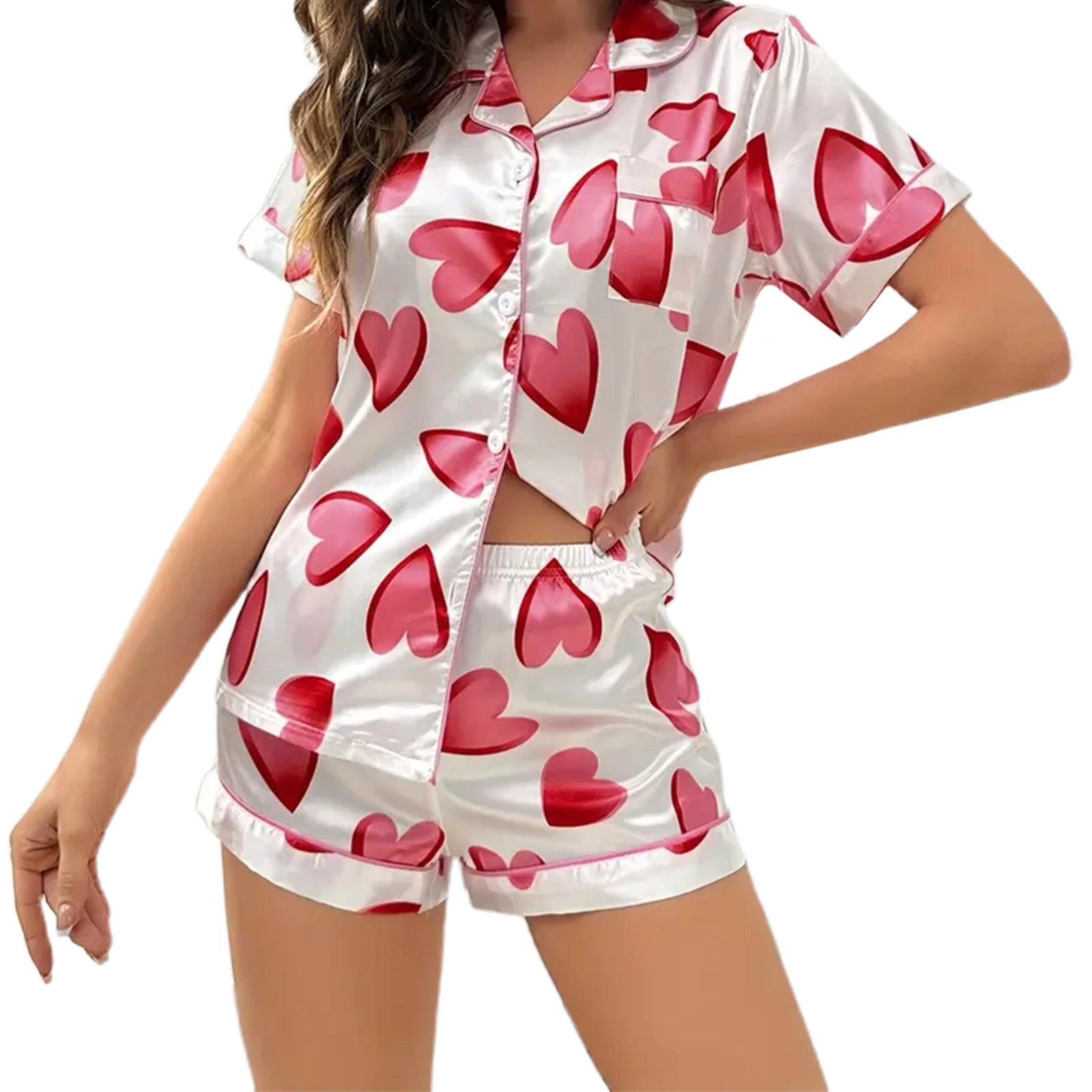 Conjunto de pijama de San Valentín para mujer, de manga corta, con estampado de corazón, top y pantalones cortos, ropa de casa, conjuntos a juego