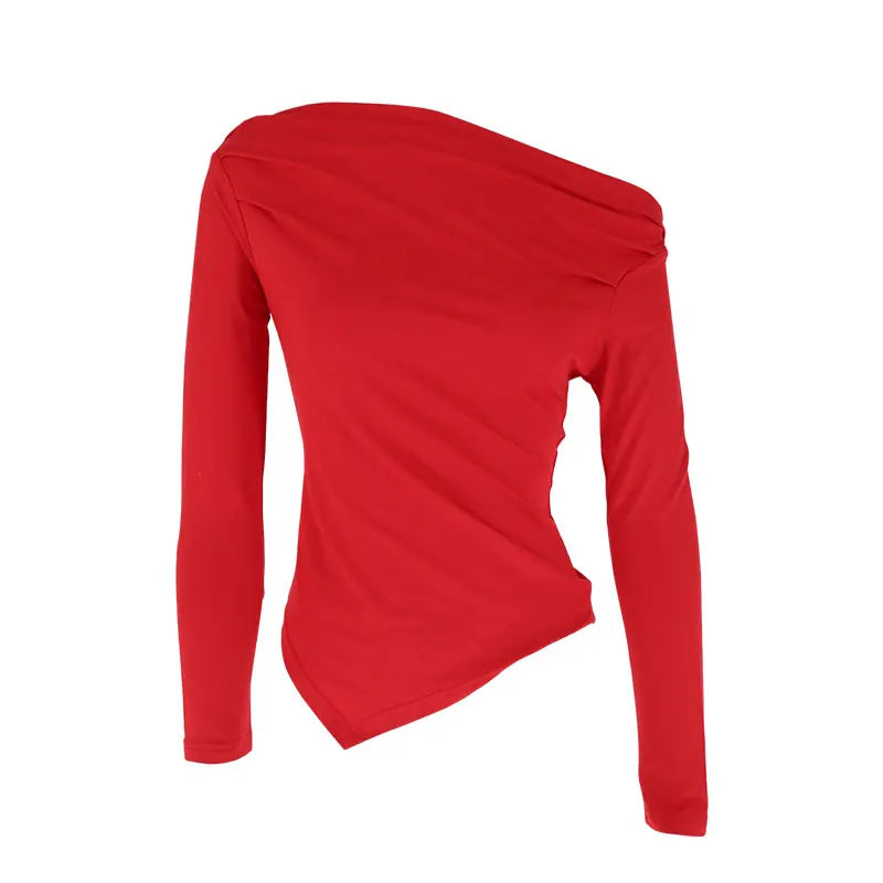 Autumn New T-shirt Red Sexy Women Top Off Shoulder Slim Tees Long Sleeves Streetwear Pullover Asymmetrical Lady Knitted T-shirt