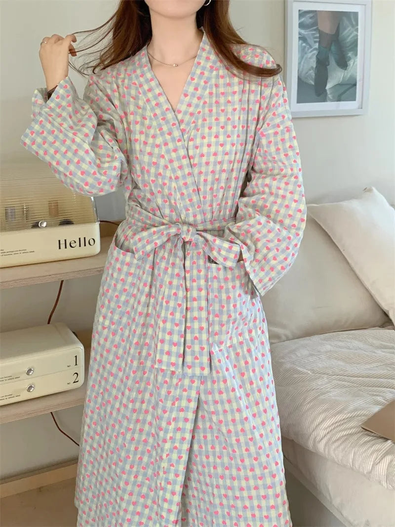 Bata de baño para mujer, estilo kimono largo y holgado, con cuello en V, cordones, pantalones a cuadros, bata de dormir sexy para mujer/niña.