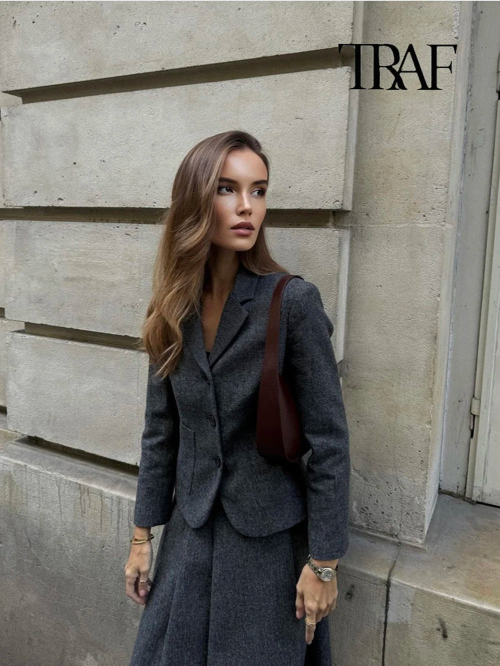 TRAF Women Fashion Casual Commuter Suit Skirt Suit Autumn and Winter Single-breasted Suit Jacket High-waisted A-line Skirt Suit