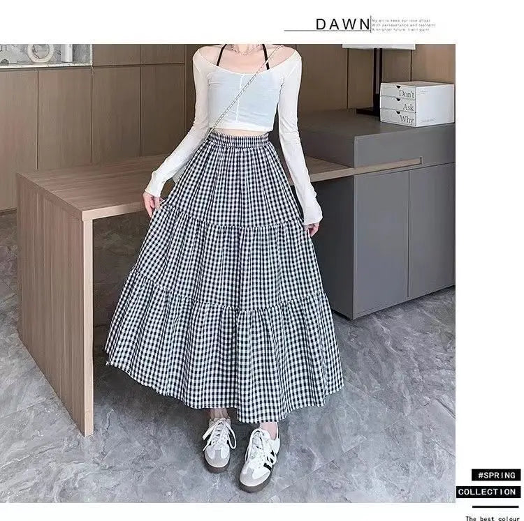 Jupe patchwork à volants pour femme, style vintage, à carreaux, taille haute, élastique, amincissante, mi-longue, été
