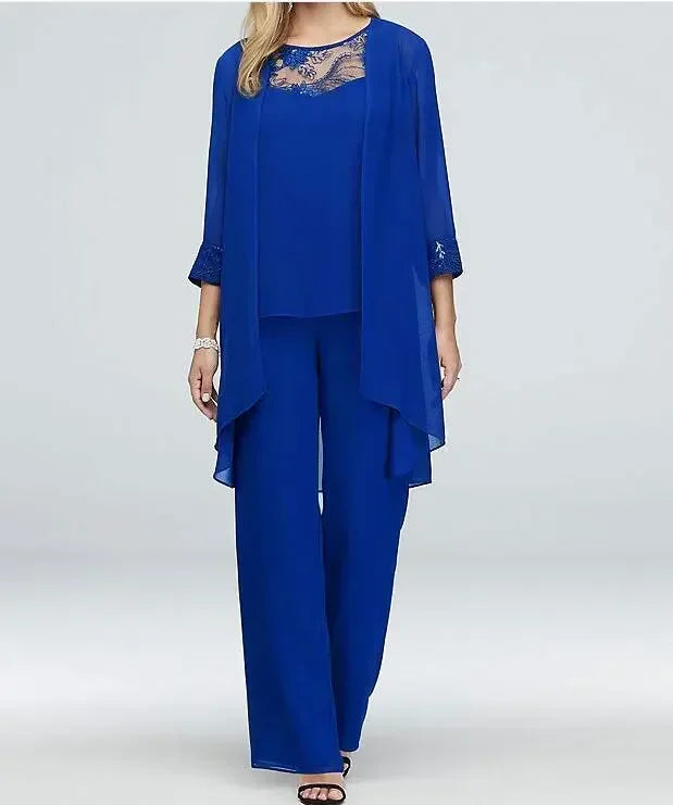 Women's Elegant Pant Sets Formal Office Ladies Oversized Chiffon Lace Suits Straight Pant Cardigan Tops 3 Pieces Sets Woman