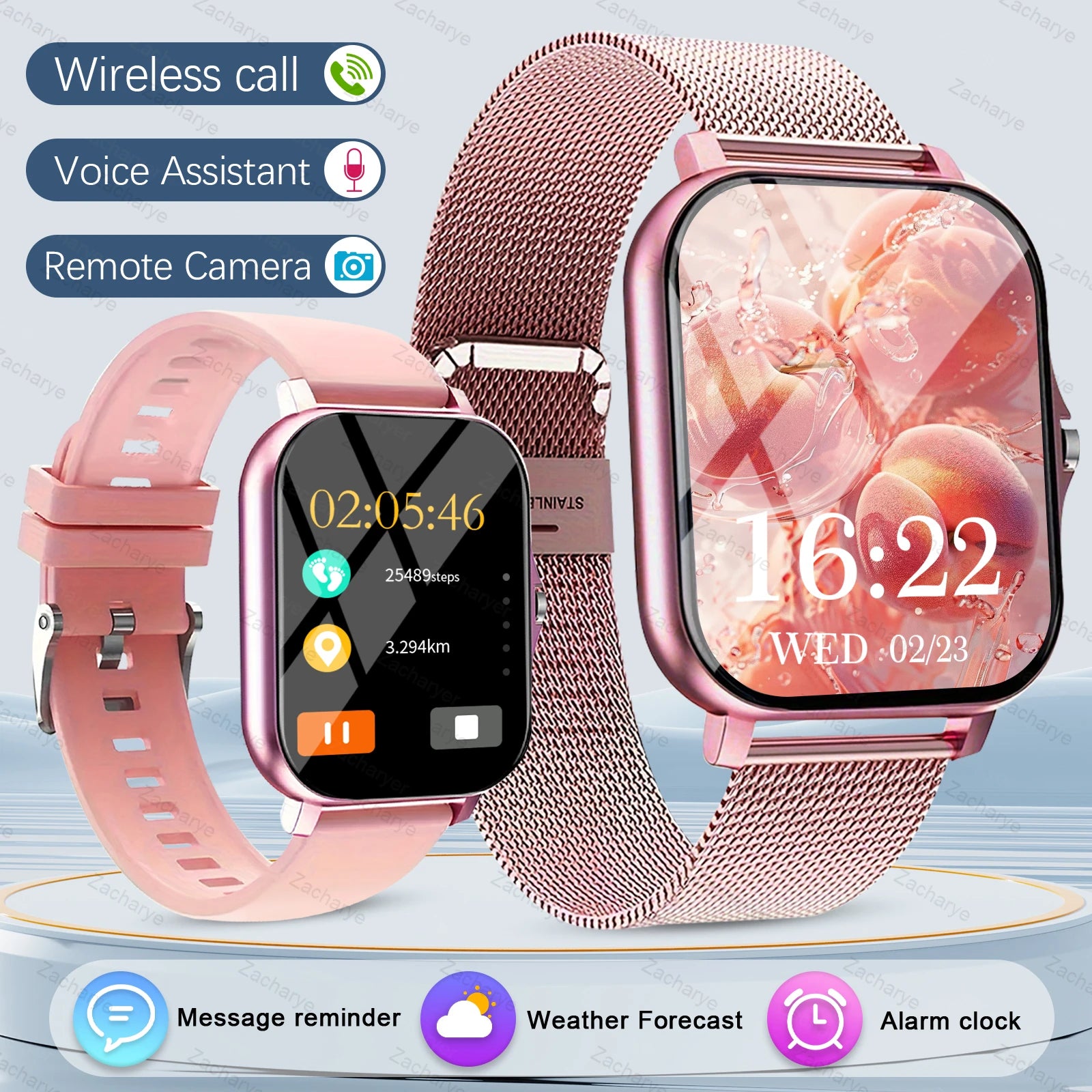 Smart fitness watch, wireless call, multiple exercise modes, SMS alerts, replaceable wallpaper, fitness tracker, outdoor sports