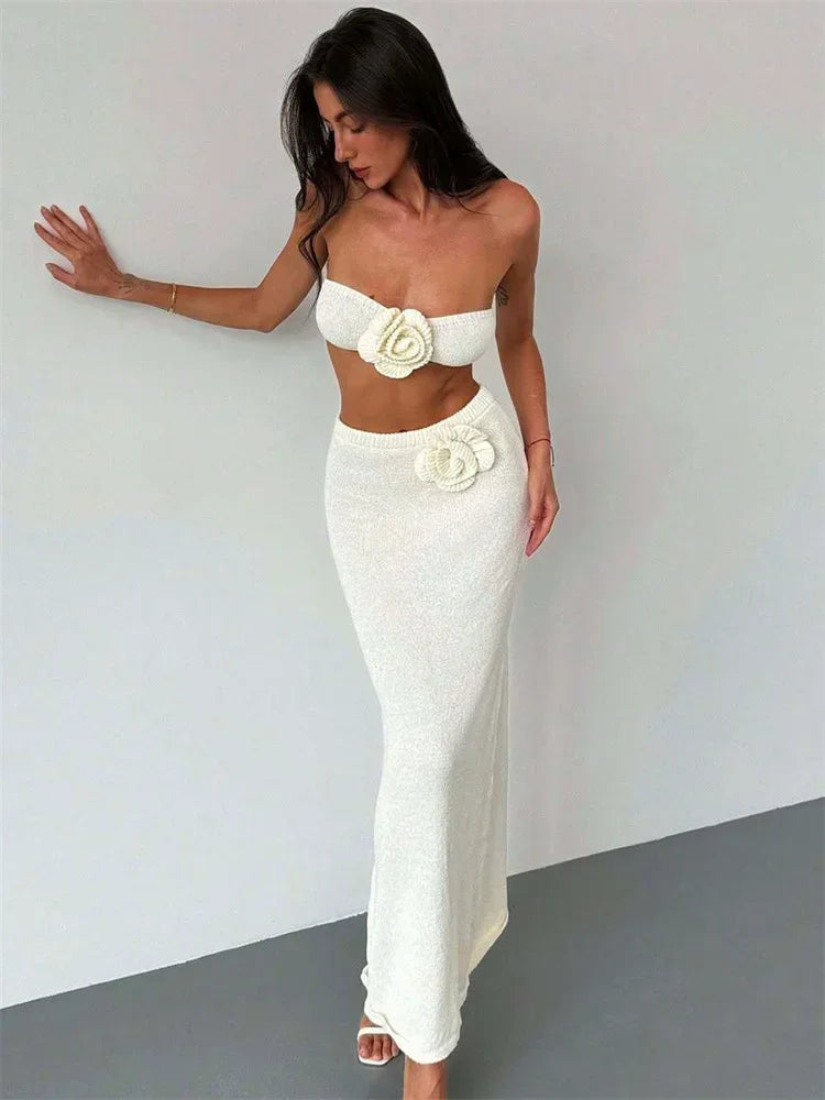Female Knit 2 Piece-Set Long Skirt Floral Patchwork Tube Tops And High Waist Slim Beach Skirt Sets Knitwear Women Outfits