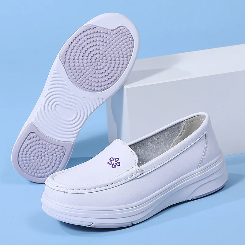 Nurse shoes with leather soft sole anti slip and breathable black thick sole women's work shoes