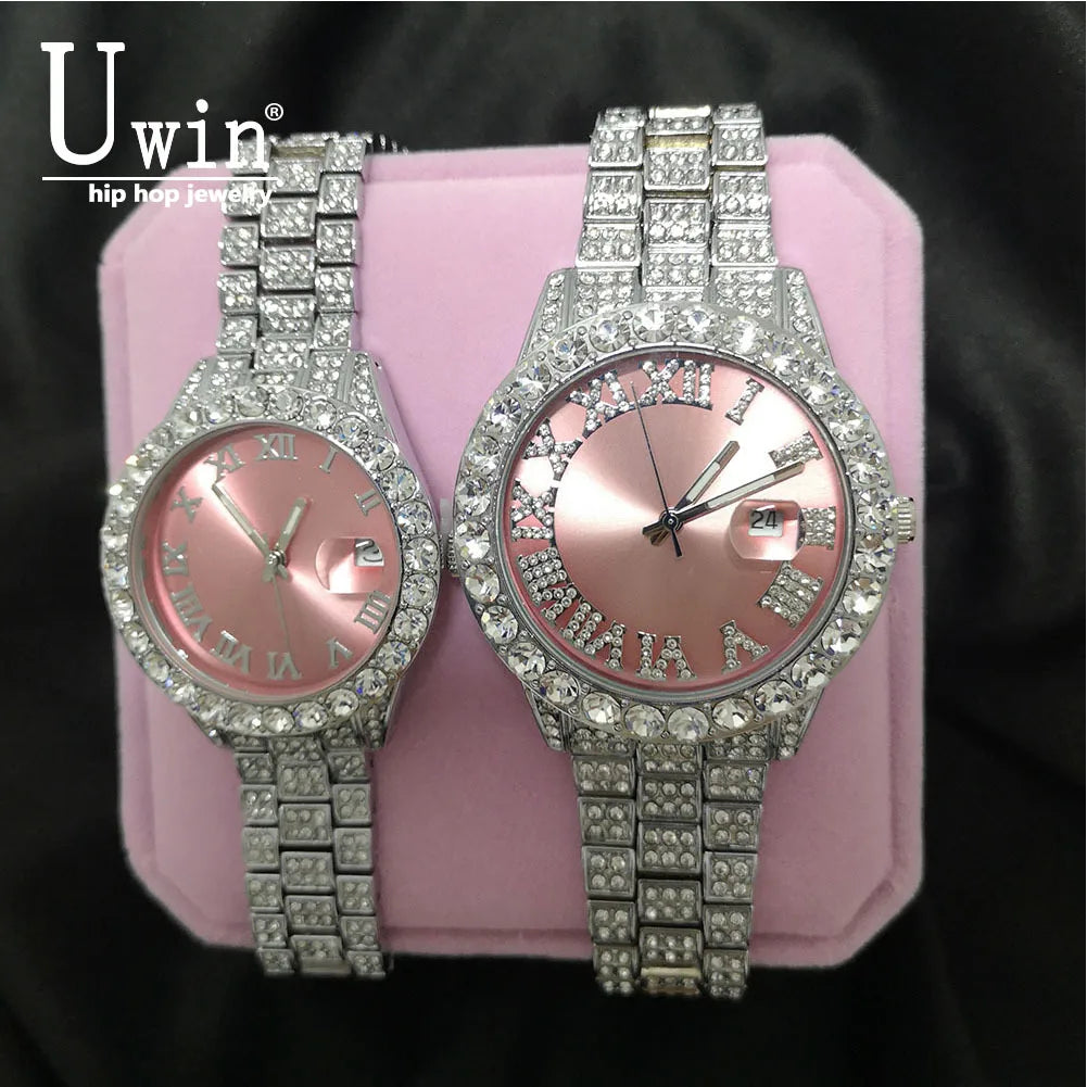 Uwin Women's Watch Baby Pink Iced Out Quartz Clock Small Dial Luxury Rhinestone Waterproof Wrist Watch Small Size For Women
