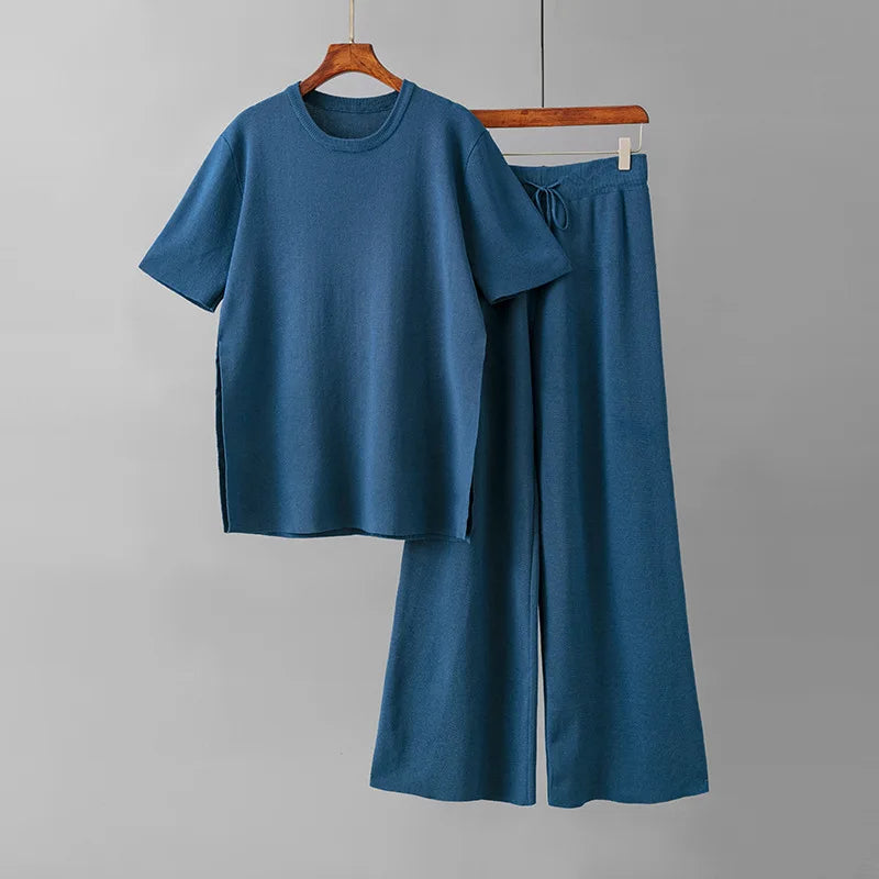 Pants Suit Women V-neck Loose Split Knit Tops Fashion Two-piece High Waist Straight Casual Pants Two Piece Sets Womens Outifits