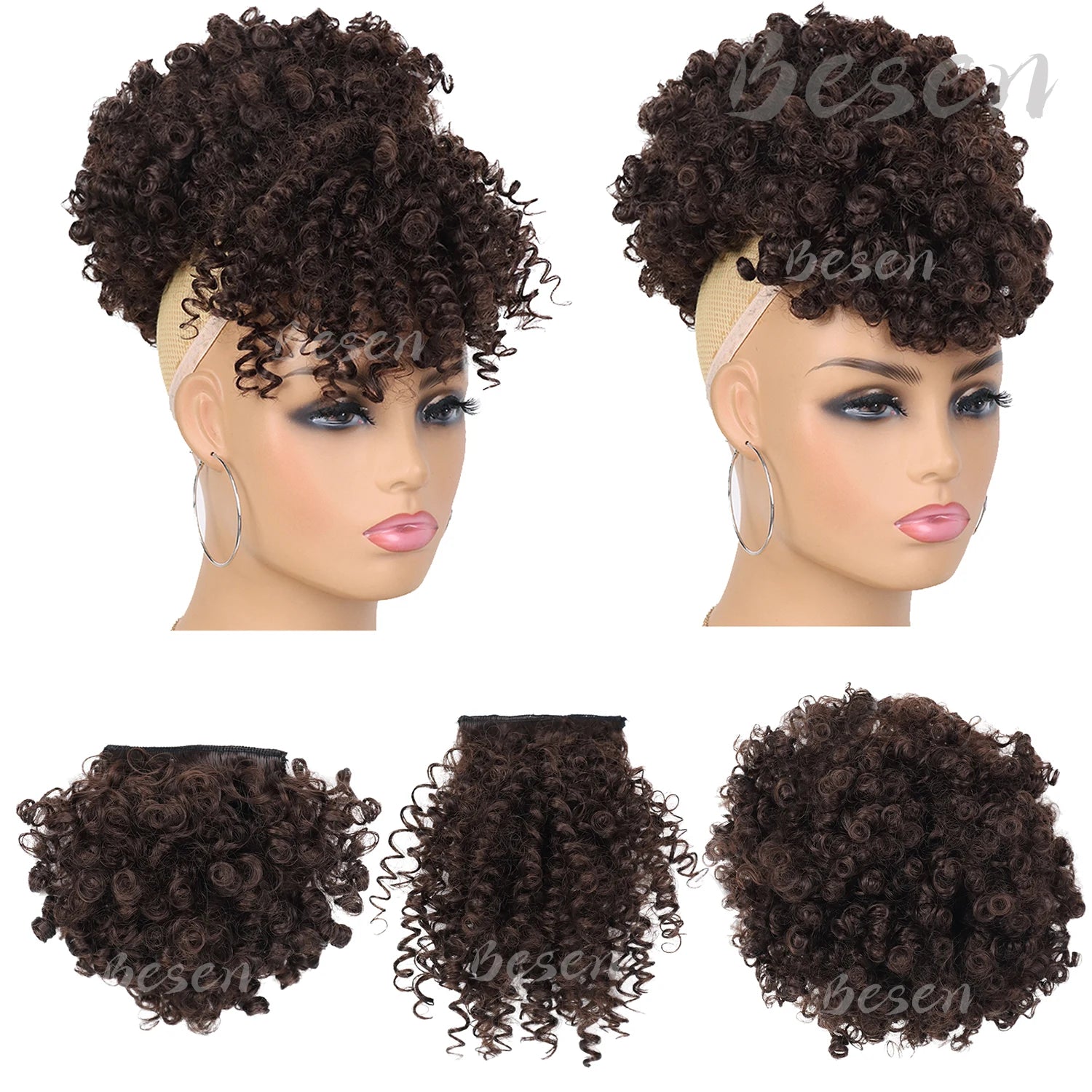 Queue de cheval afro synthétique avec cordon de serrage et frange remplaçable, chignon afro court avec 2 franges, postiche à clipser.