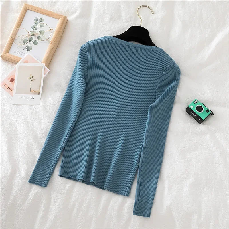 Korea Autumn Winter Button V Neck Sweater Women Basic Slim Pullover Women Sweaters And Pullovers Knit Jumper Soft Warm Tops