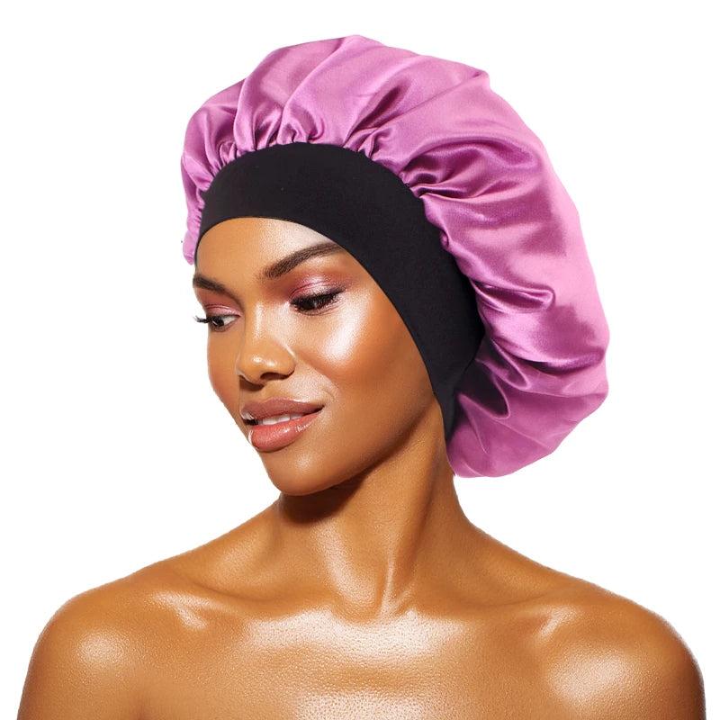 Gorros de satén lisos para mujer, con ala ancha, para dormir, bañarse, gorro unisex, con banda elástica, para el cuidado del cabello