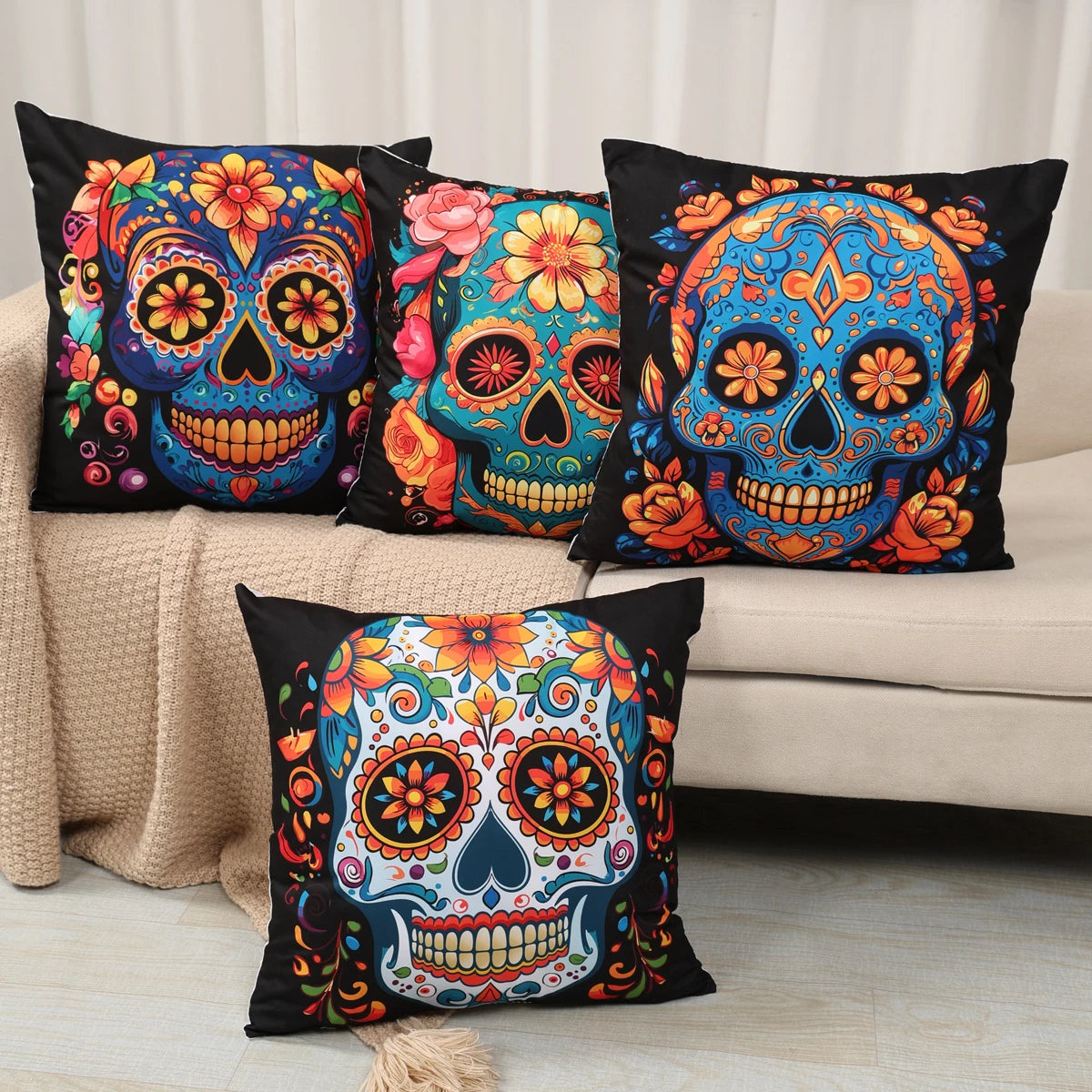 4pcs Mexican Day of The Dead Floral Throw Pillow Covers Holiday Party Decor Dia De Los Muertos Cushion Covers Home Decoration