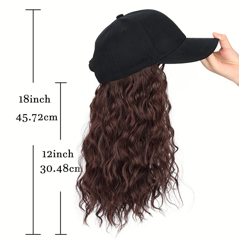 Synthetic 18Inch Long Curly Elegant Black Baseball Cap Hat Wig Heat-Resistant Hair Easy Wear Versatile for All Occasions