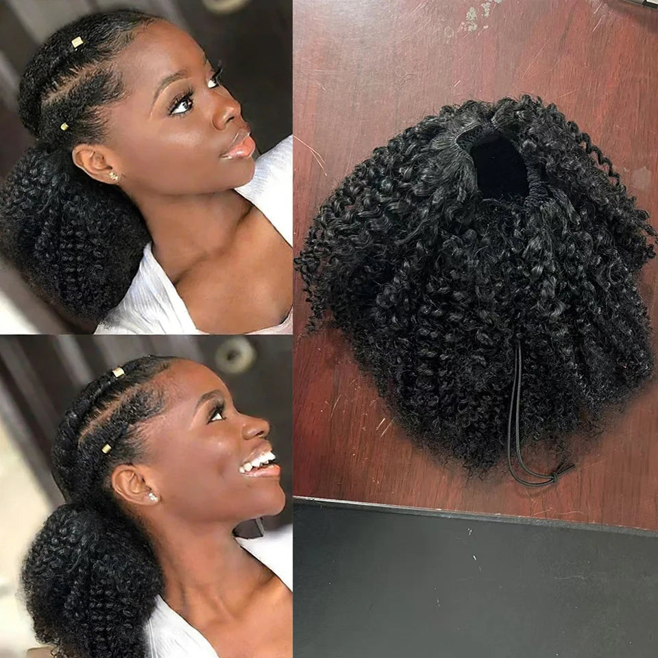 Queue de cheval à cordon en cheveux humains, queues de cheval afro bouclées 100 % naturelles, postiche bouclée 100 % cheveux humains, queue de cheval crépue