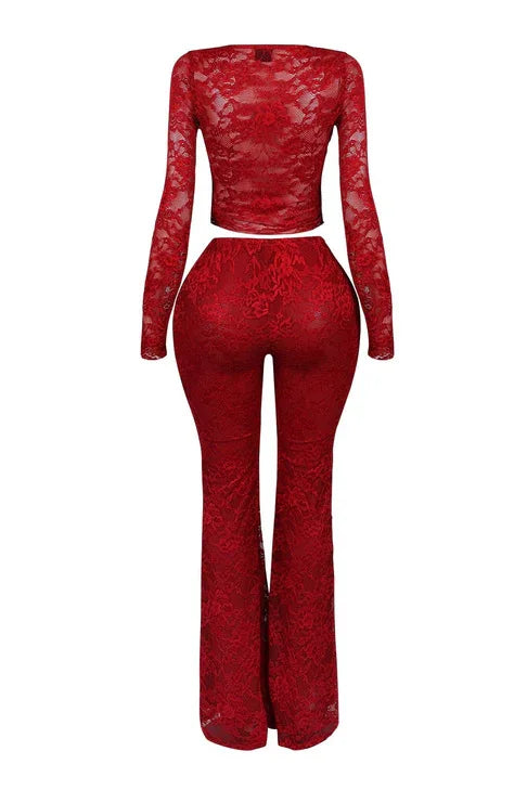 Pant Sets Women Two Pieces Cardigan Lace Sexy Tops Tracksuit Full Wide Leg Pants Loose Fit Casual Spliced High Waist Solid