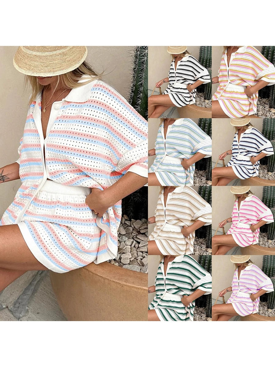 Conjunto de Pijama de Mujer de 2 Piezas Trajes de Salón Verano Rayas Contraste de Color Botón Tops de Punto de Ganchillo y Pantalones Cortos Conjuntos de Salón Playa