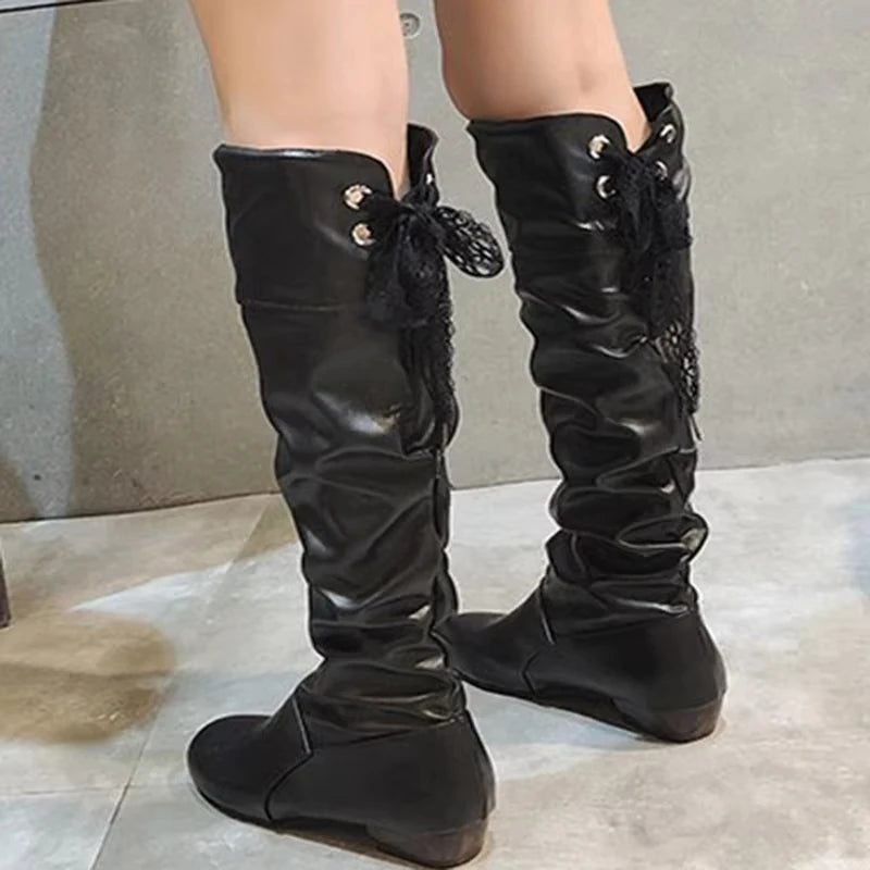 Shoes For Women  Knee High Boots Red Black White Tall Boots Woman Pleated Low Heel Casual Leather Female Long Shoes