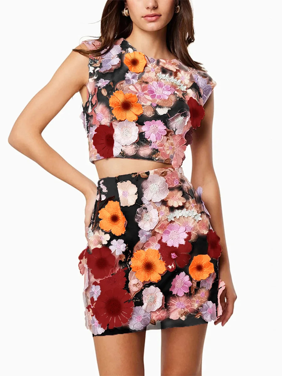 Women's Skirt Two-piece Suit High-grade Embroidery Crochet Sleeveless Temperament Elegant Sweet Short Top Hip Skirt Suit 2025