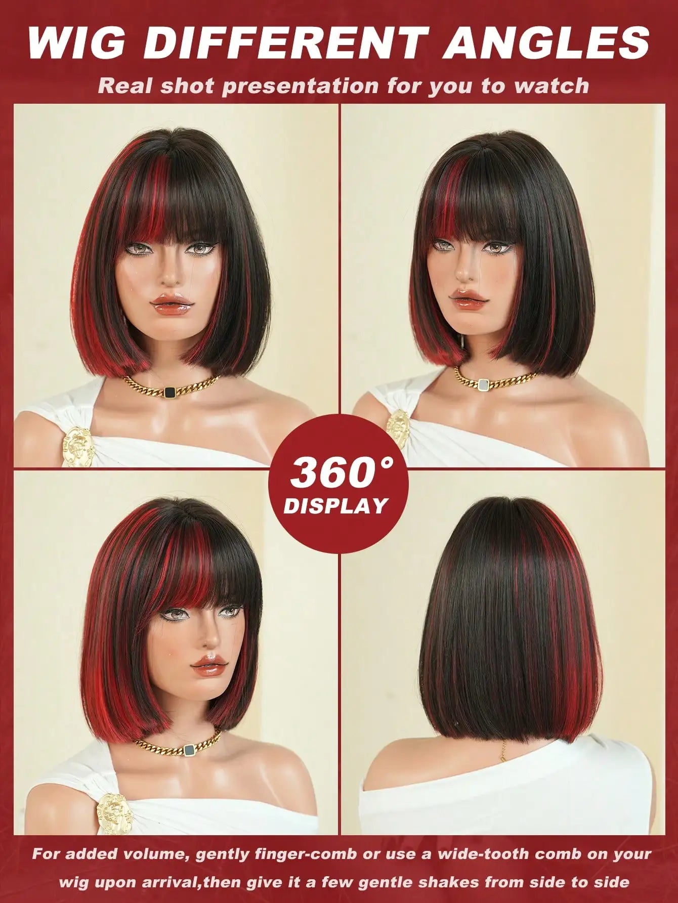 Highlights Black Red Bob Wig For Women 10in Short Straight Wig With Bangs, Heat Resistant Fiber Soft Synthetic Full Machine Hair Colorful Anime Costume Wig For Daily Party Wear & Holidays, Music Festival Cosplay Use, Edgy Y2K