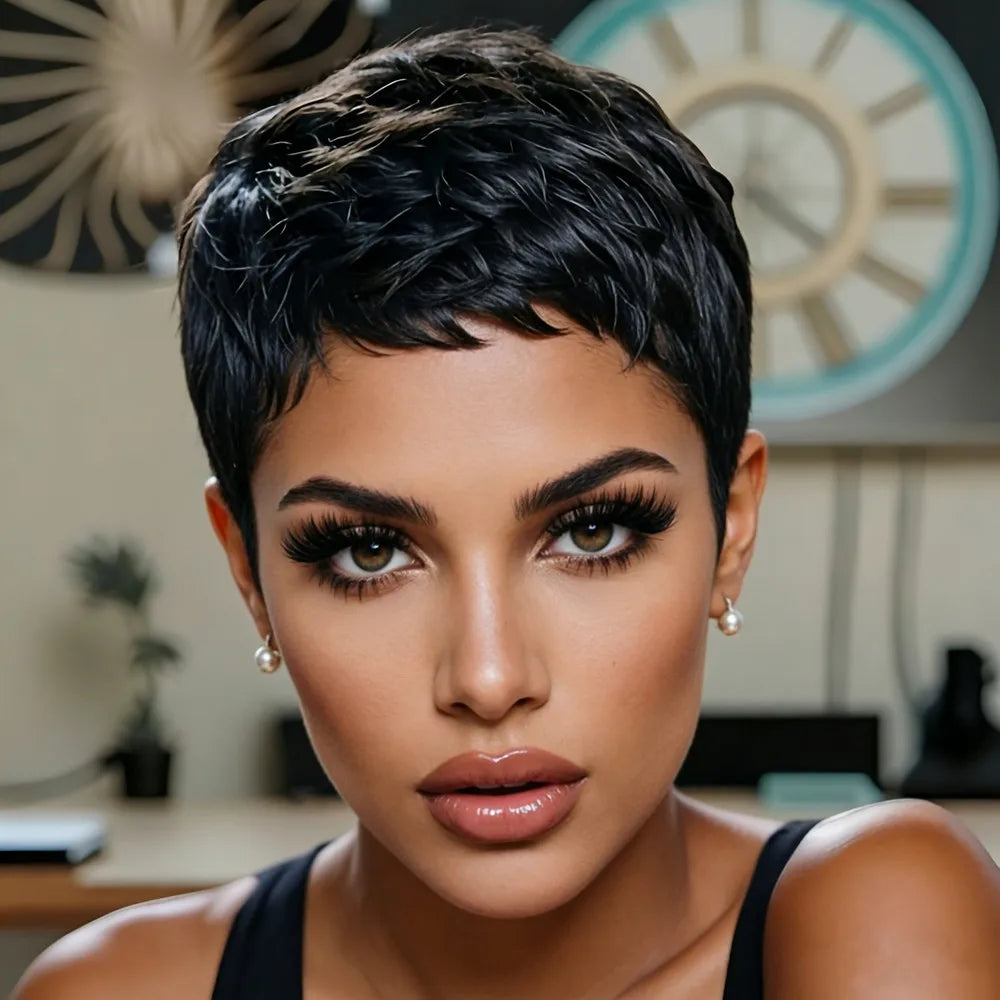 short layered 150% density wig machine made  wig for women 4inch black color pixie wave human hair wig