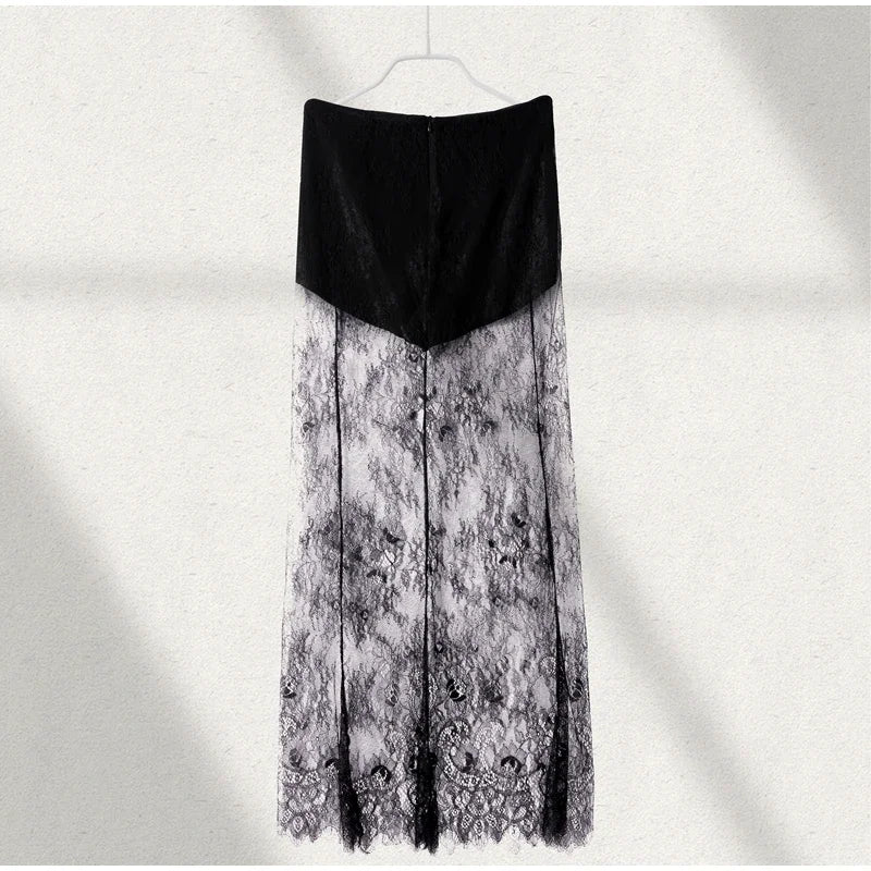 Trendy Tube Top Lace Long Skirts Sets Women Strapless Sleeveless Slim Tops See Through Skirt Summer Chic Party Outfits Dress Set