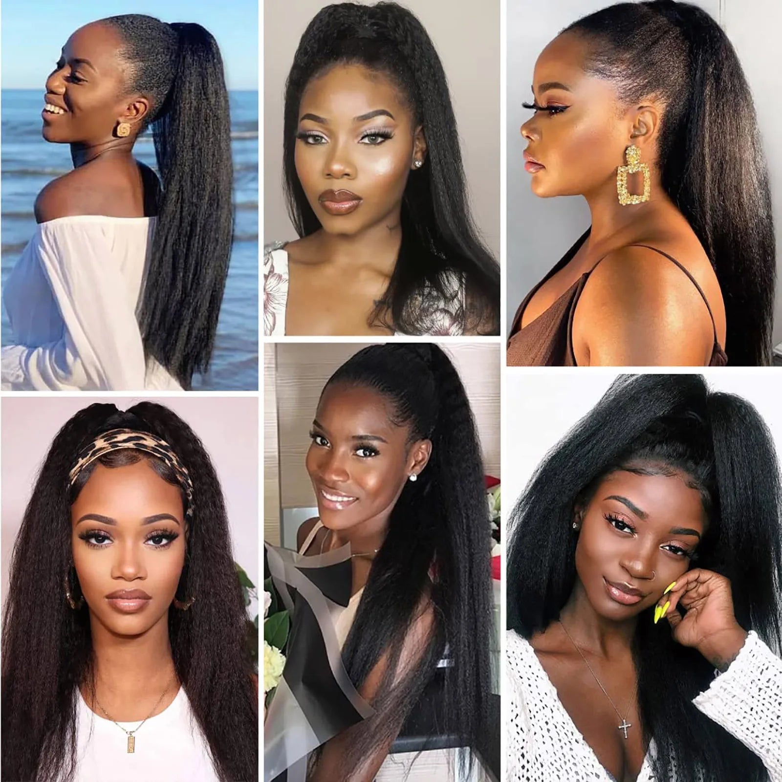 Synthetic Hair Ponytail With Rubber Band Ring Long Yaki Straight Puff Kinky Afro Ponytails Black Color For Women