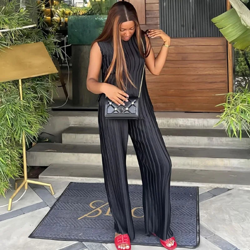 2 Piece Sets Women Outfit Elegant Pleated Sleevelss Slim Top and Wide Leg Pants Set Chic Womens Clothing