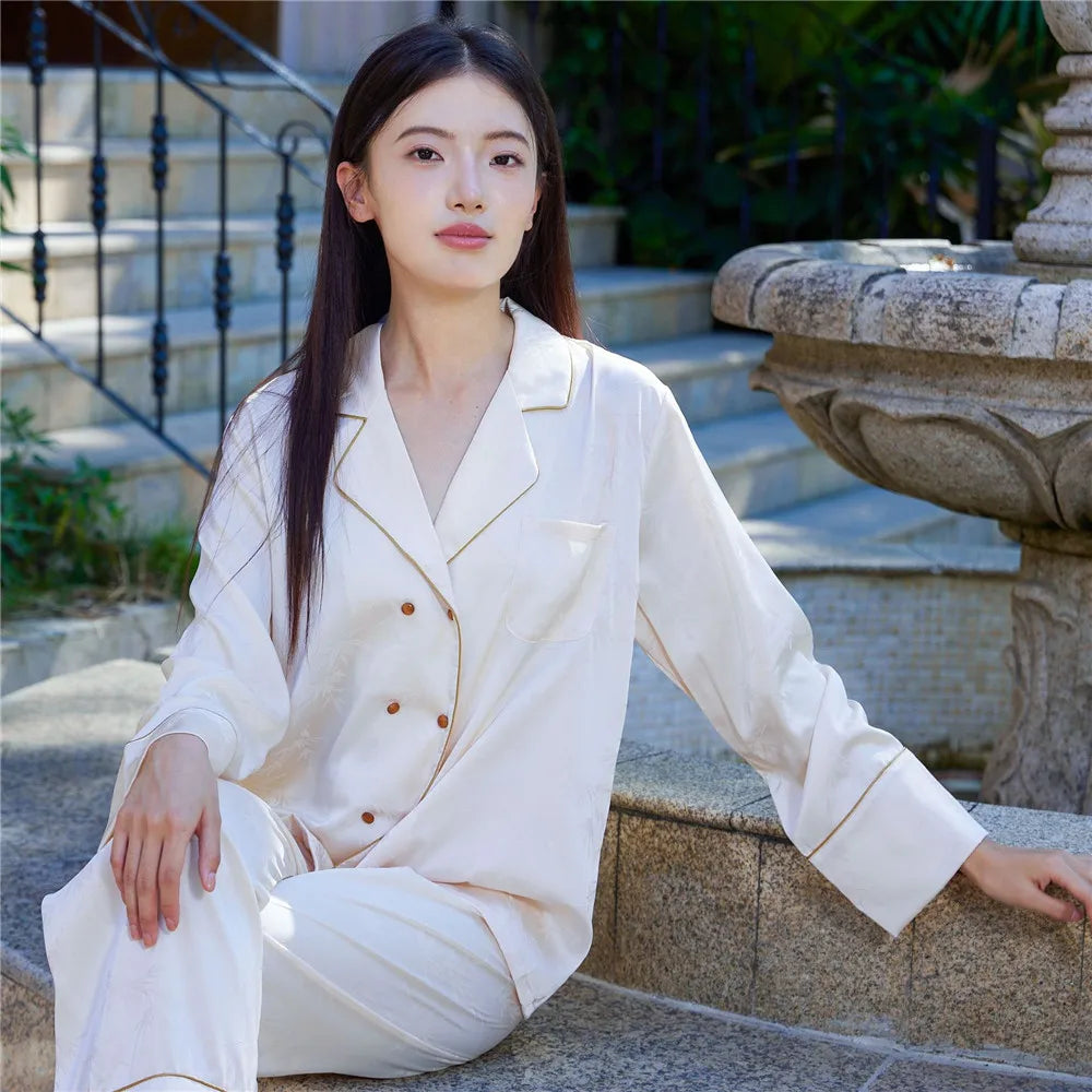 Women Pajamas Set Sleepwear Sexy Double-Breasted Jacquard Satin Pijamas Suit Spring Home Wear Loungewear