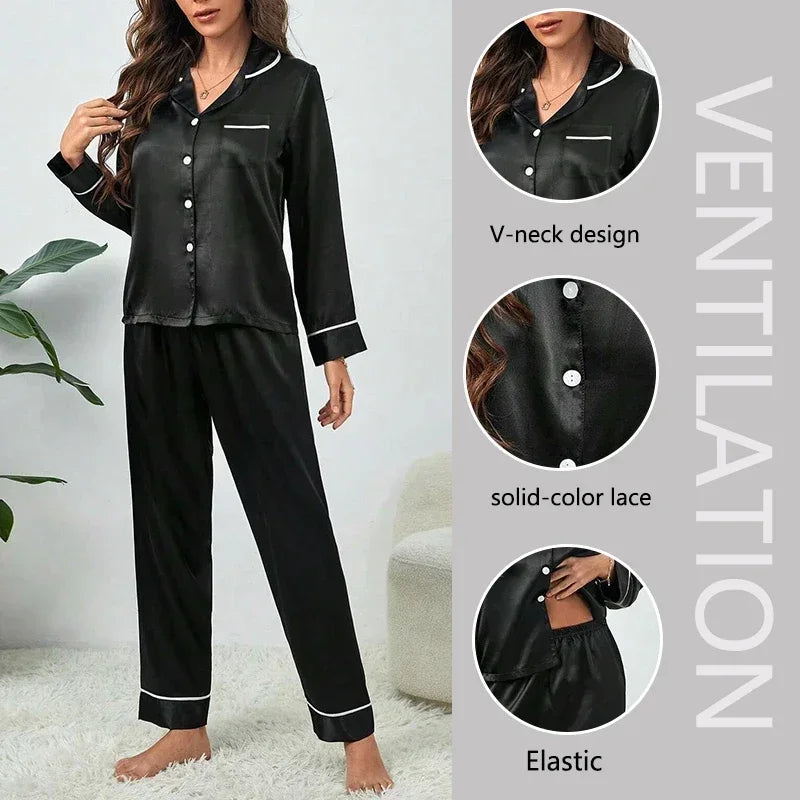 Conjunto de Pijama de Seda para Mujer de Primavera Otoño, Ropa de Dormir Casual Suave, Top y Pantalones, Cierre de Botones Sólidos, Ropa de Casa