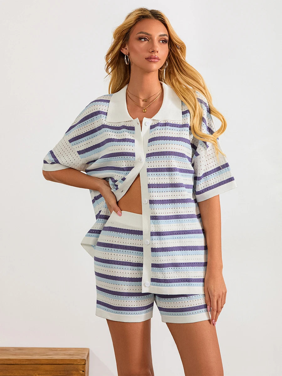Conjunto de Pijama de Mujer de 2 Piezas Trajes de Salón Verano Rayas Contraste de Color Botón Tops de Punto de Ganchillo y Pantalones Cortos Conjuntos de Salón Playa