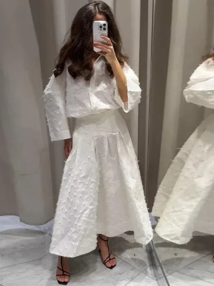 Summer Tassel Shirt Skirt Set For Women Elegant White Loose High Waist Pleated Maxi Skirts Suits 2025 Office Lady Street Outwear