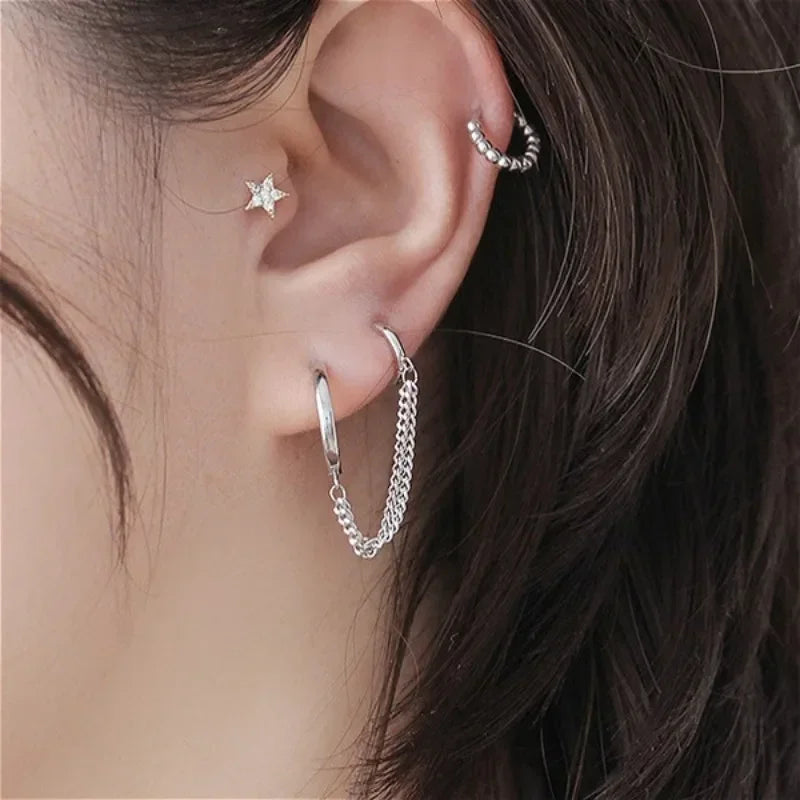 1PCS Stainless Steel Double Ear Hole Link Chain Hoop Earring for Women Ear Jewelry Accessories Gift Wholesale 귀걸이 Aretes