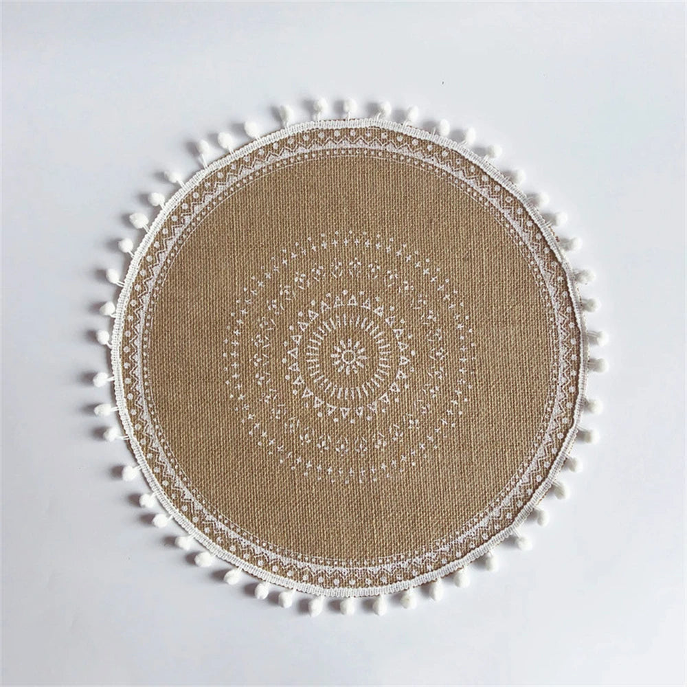Vintage Pastoral Round Cotton Linen Placemats Handwoven Jute Tassels Placemats Soft Non-slip Table Pads Vase Mats Accessories