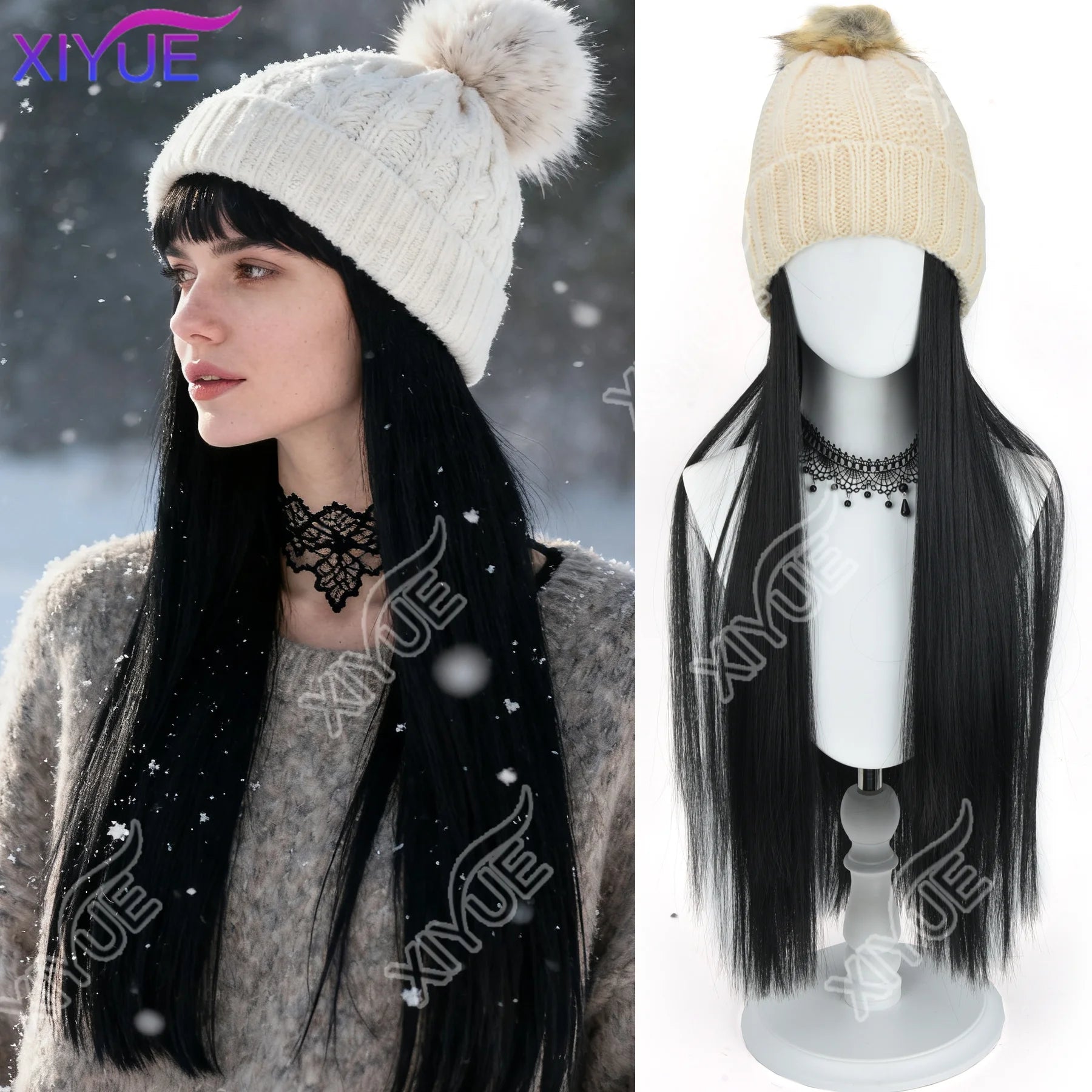 Sombrero de peluca de ala ancha sintético negro con correa para peluca de mujer, peluca sintética larga con ondas de agua, gorro de esquí cálido de felpa tejida para otoño e invierno