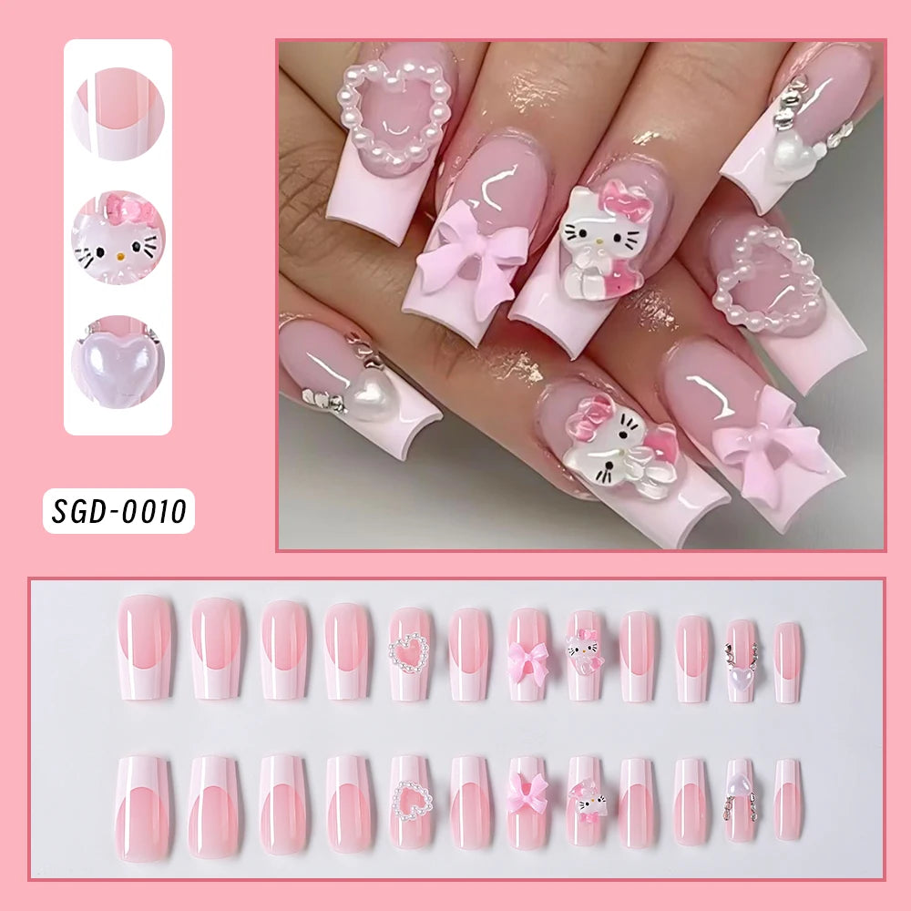 24pcs 3D Hello Kitty Heart Bow False Nails Pink-White French Press on Nails Medium Square Fake Nails for Daily/Party/Gathering *