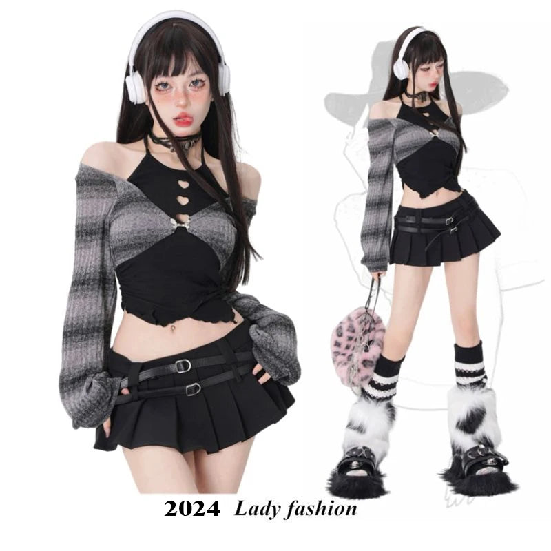 Spring Summer 2 Piece Skirt Set Women Y2k Crop Tops + Short Skirt Japanese Kawaii Fashion Suits Chic New in Elegant Dress