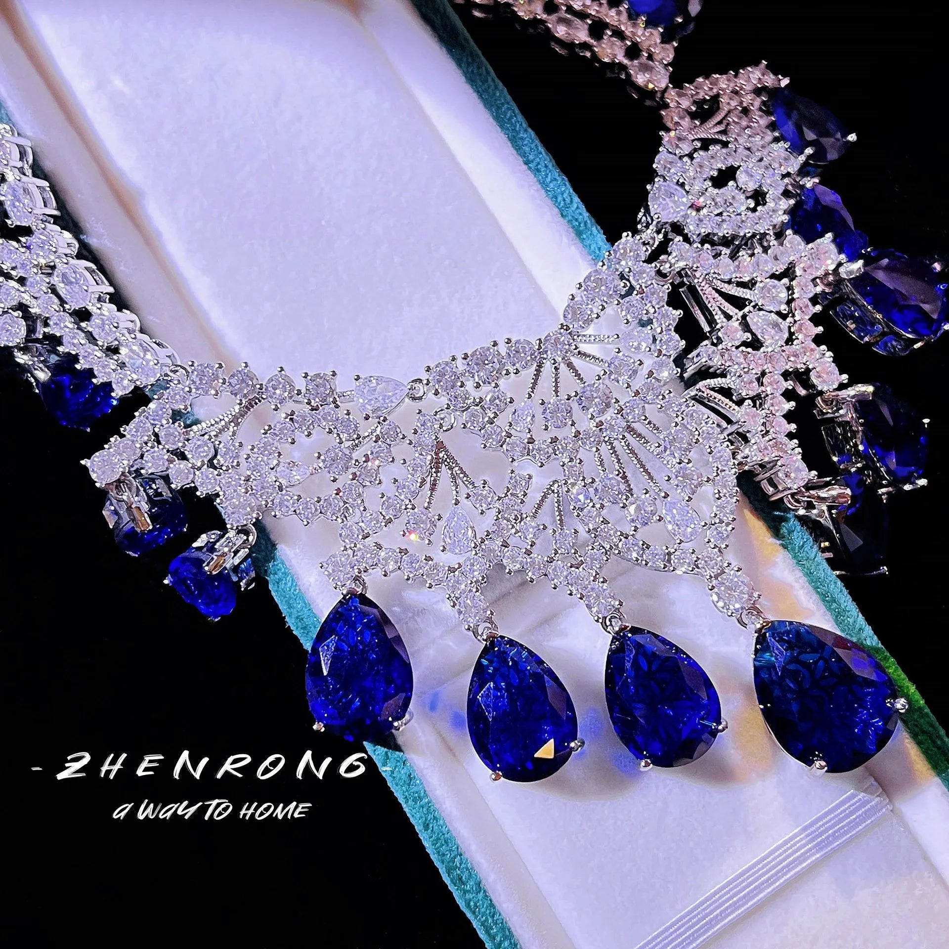 Luxury Designer Jewelry Choker Necklaces Earrings Sets Water Drop Blue Sapphires Silver Color Wedding Bride Women Accessories