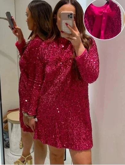Fashion Shining Sequin Mini Dresses Women Long Sleeve Bowknot Chic Short Robe Female Elegant Holiday Evening Party Look Vestidos