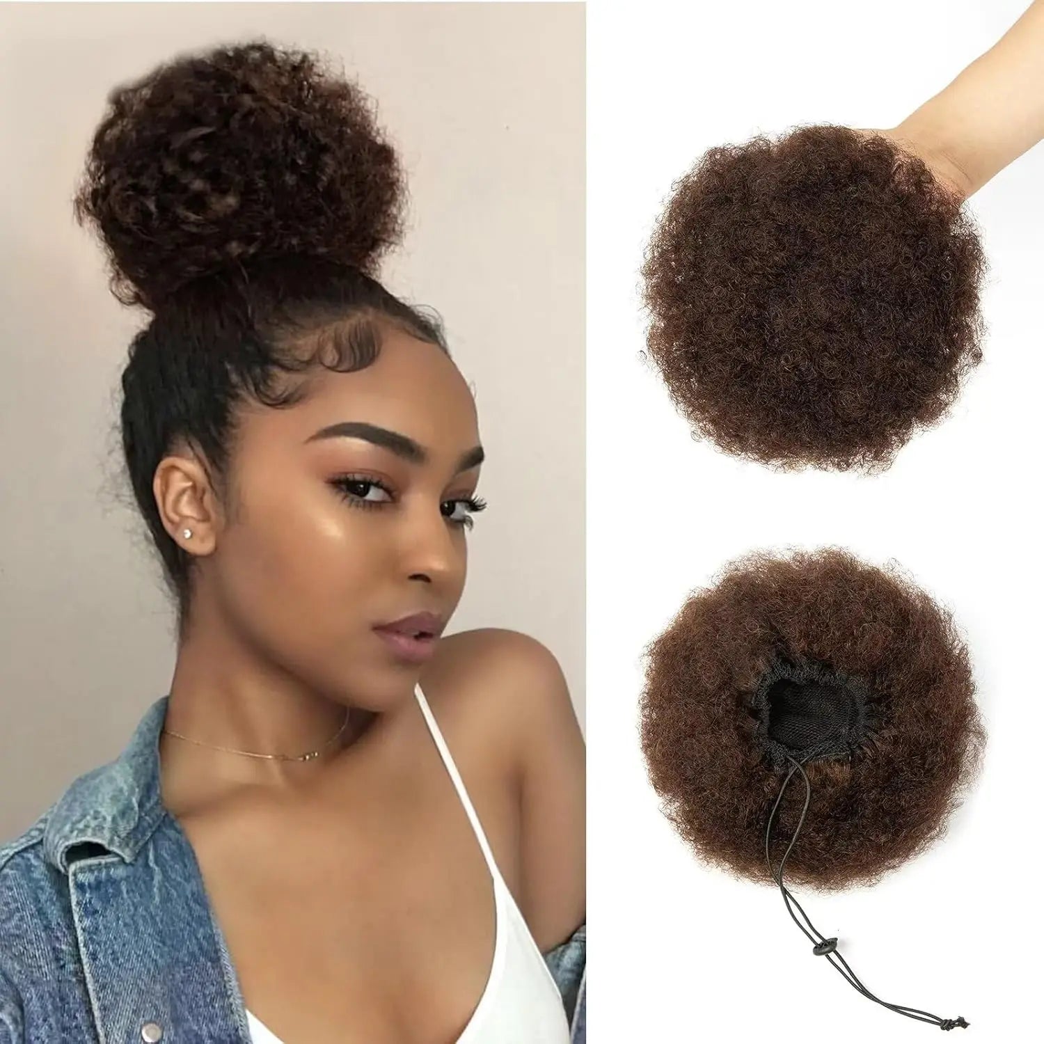 Afro Puff Kinky Curly Human Hair Ponytail Curly Drawstring High Bun HairPiece Clip in on Updo Chignon for Black Women 4 6 8 inch