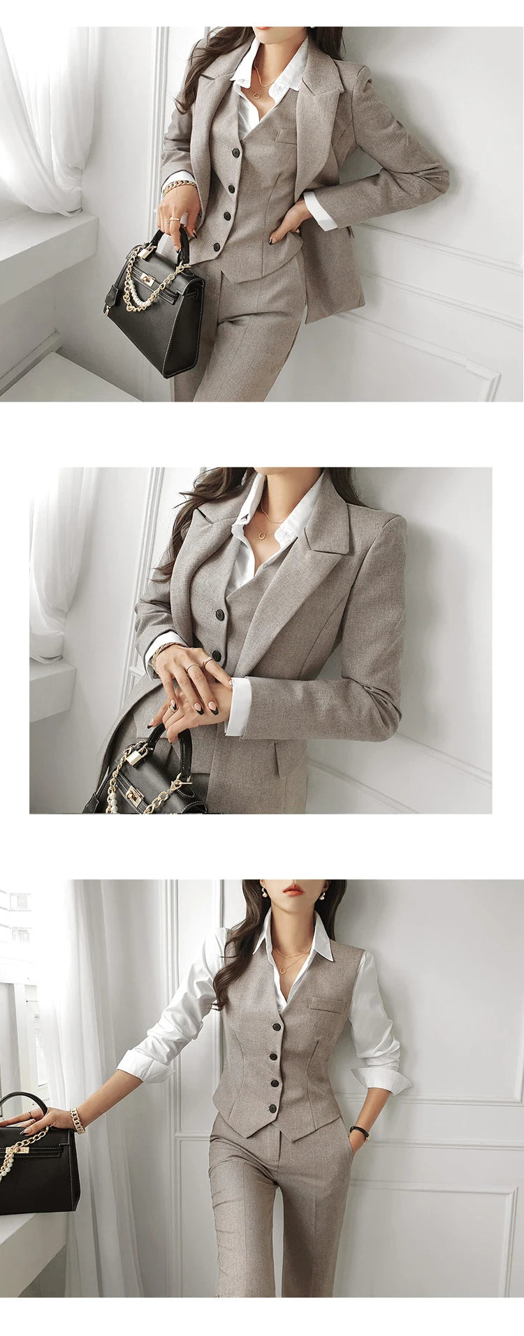 Fashion Spring Autumn Formal 3 Piece Outfit Suits Women Ladies Clothing Commute Suit Tops Coat Blazer Vest Long Pant Trouser Set