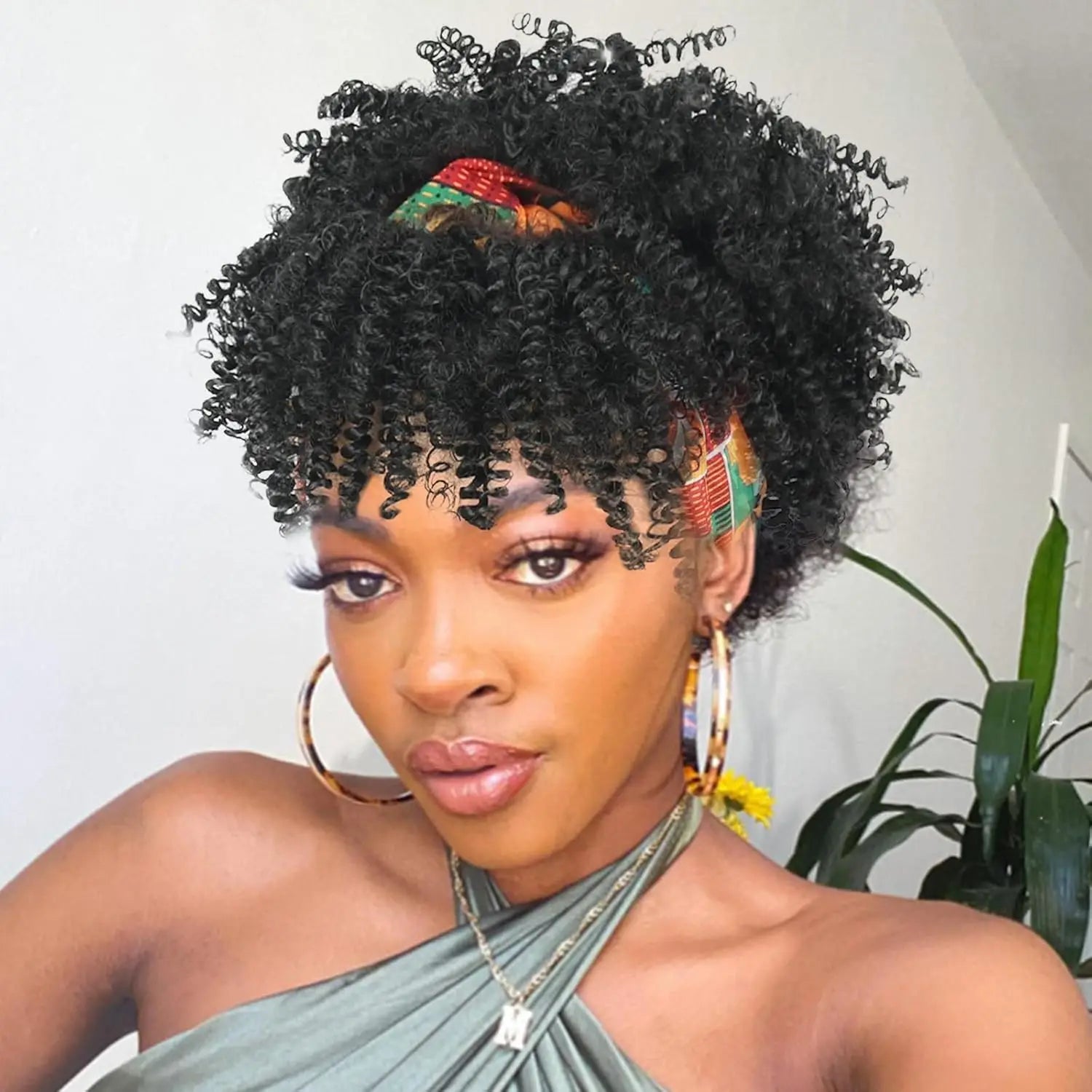 Black women's curly hair wig with headscarf and tassel, 2-in-1 wrapped wig, short African curly hair synthetic wig with headscar