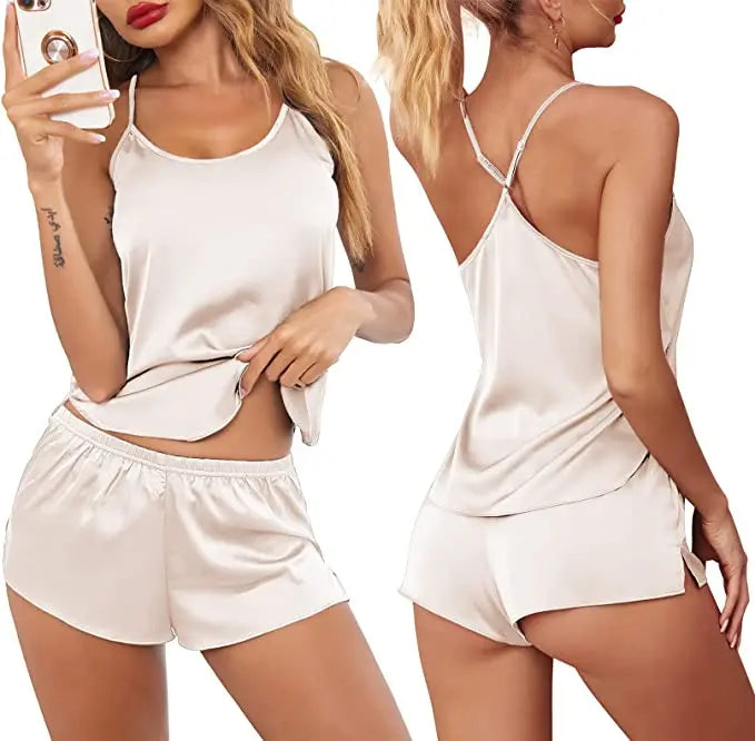 Conjuntos de pijama de satén y encaje sexy para mujer, ropa de dormir, tops sin mangas + pantalones cortos, conjuntos de 2 piezas de pijama para mujer