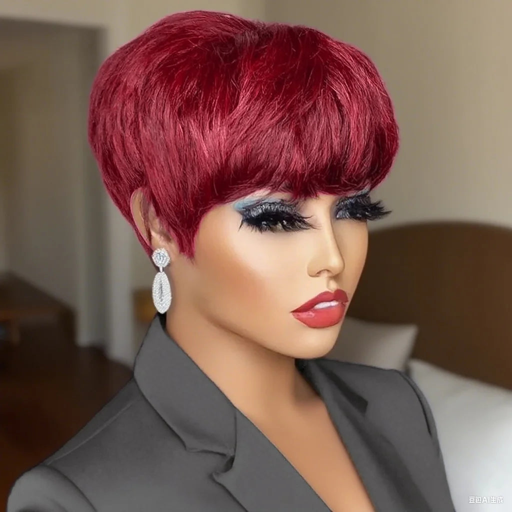 Short Layered Red Pixie Human Hair Wigs With Bangs Full Machine Made Wigs