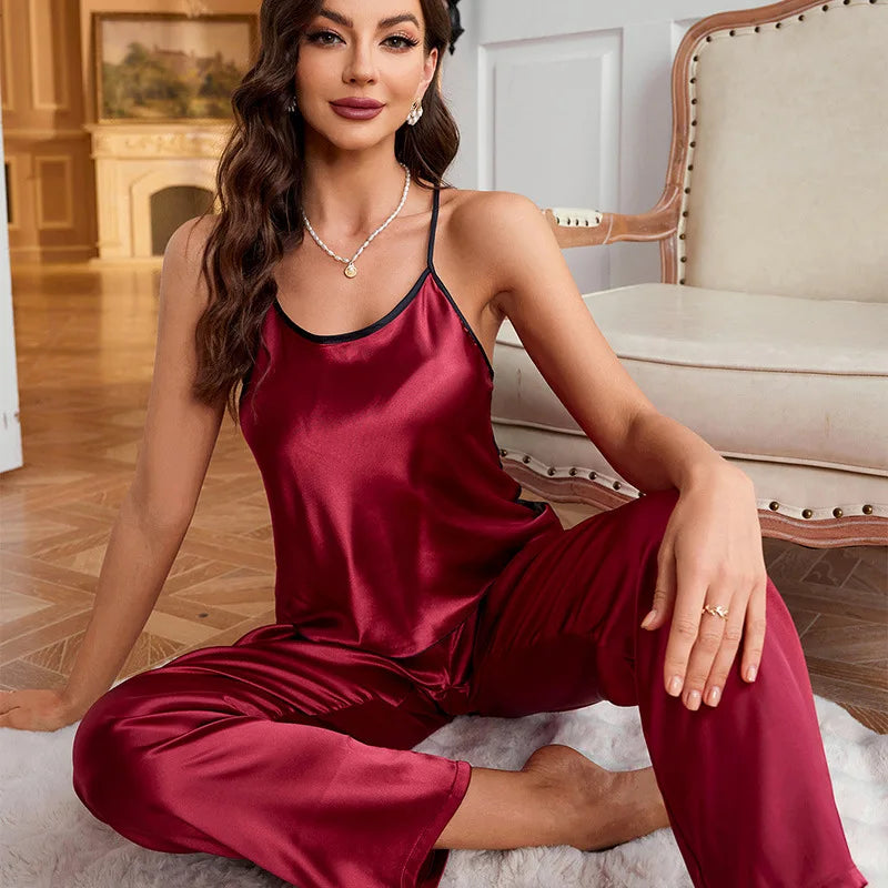 Women Sexy Satin Pijamas Set Lingerie Sleepwear Silk Saitn Nightwear Sleeveless Pajamas Set Home Wear Pyjama Femme Pyjamas