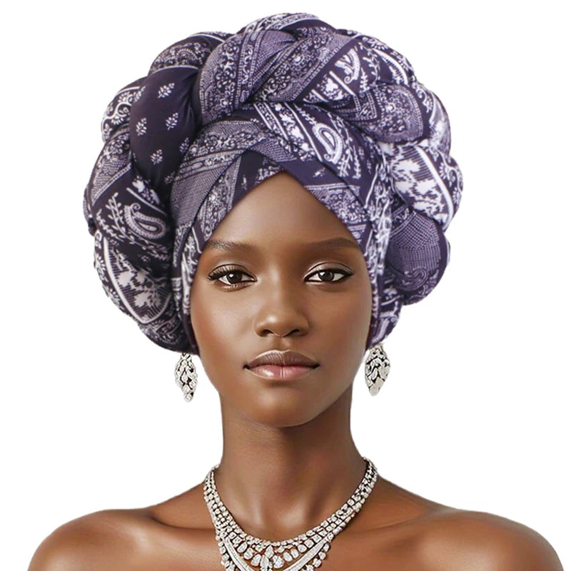 New African Print Twisted Large Braid Turban Hat Muslim Hijab Hat Elastic Head Wraps Headscarf Ramadan Headscarf Beanie Hats