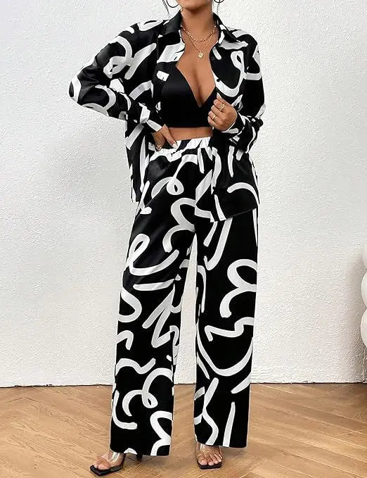 Women Clothing  Autumn New Fashion Print Set Casual Button Collar Shirt Long Sleeved Wide Leg Pants Long Pants Two-piece Set