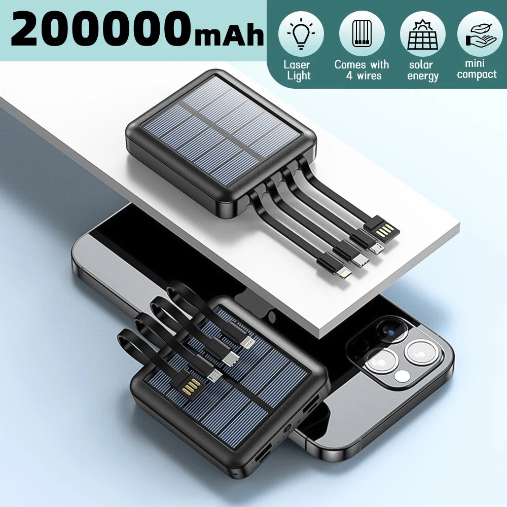 20000mAh Solar Power Bank Dual USB 4 Cables Portable Large Capacity Charger Super Fast Charging USB TypeC Outdoor Power Bank
